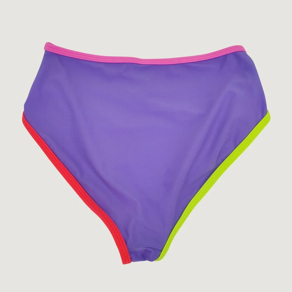 POPVIL High Waist Colorblock Ruched Bikini Swim‎ Bottoms Small Purple Lined New